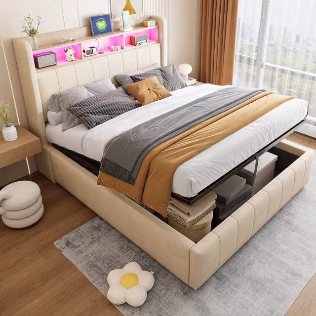 Letto contenitore matrimoniale 140 × 200 cm con LED, USB e tipo C, vano idraulico, senza materasso, beige