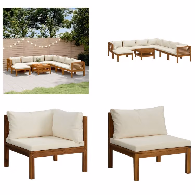 vidaXL Set salotto da giardino 9 pezzi con cuscini crema in legno massiccio di acacia - Set salotto da giardino - Set salotto da giardino - Set divano modulare - Set divano modulare