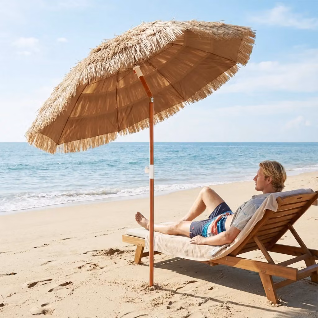 Ombrellone Tiki Hawaiano in Paglia e Poliestere Beige con Struttura in Acciaio per Giardino e Spiaggia, H: 206 cm, L: 200 cm – 2