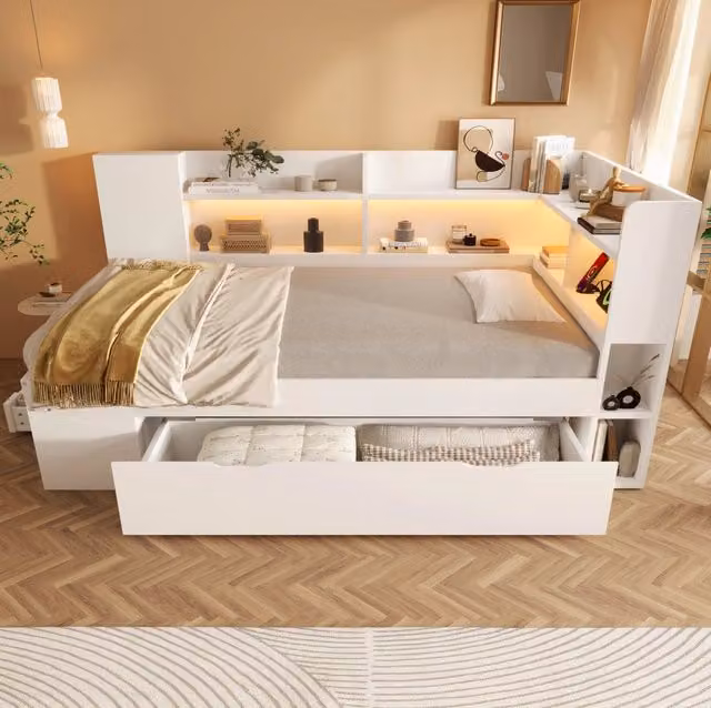 Letto singolo 90x200 cm bianco con LED, USB/Type-C, cassetti e ripiani
