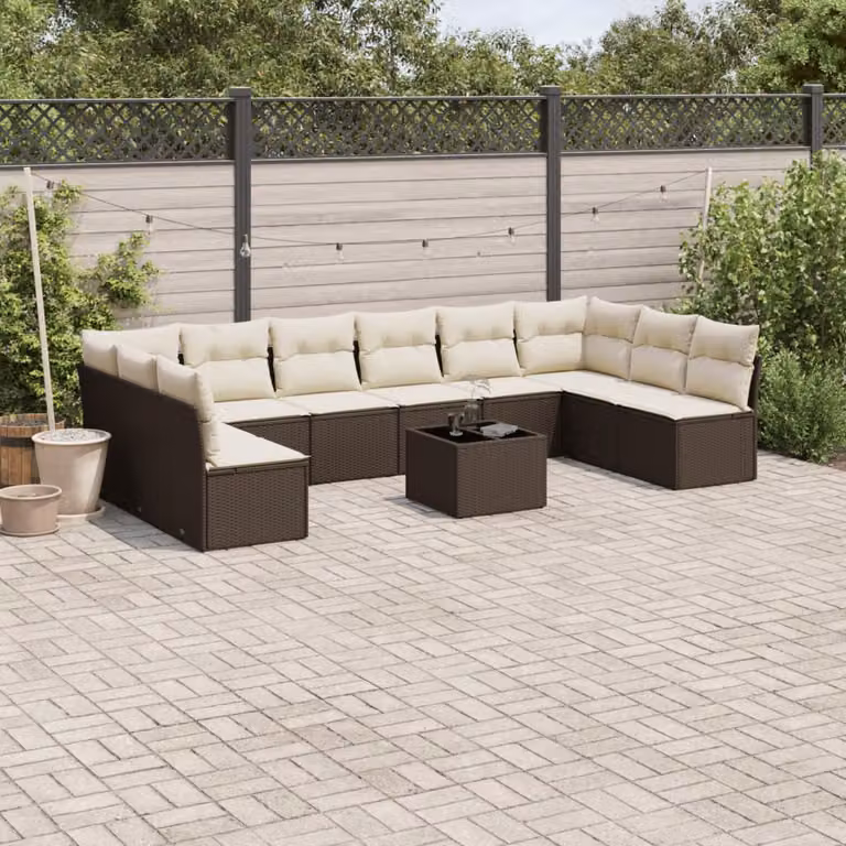 Set di divani da giardino vidaXL 11 pz in polyrattan marrone con cuscini bianchi e tavolino da esterno