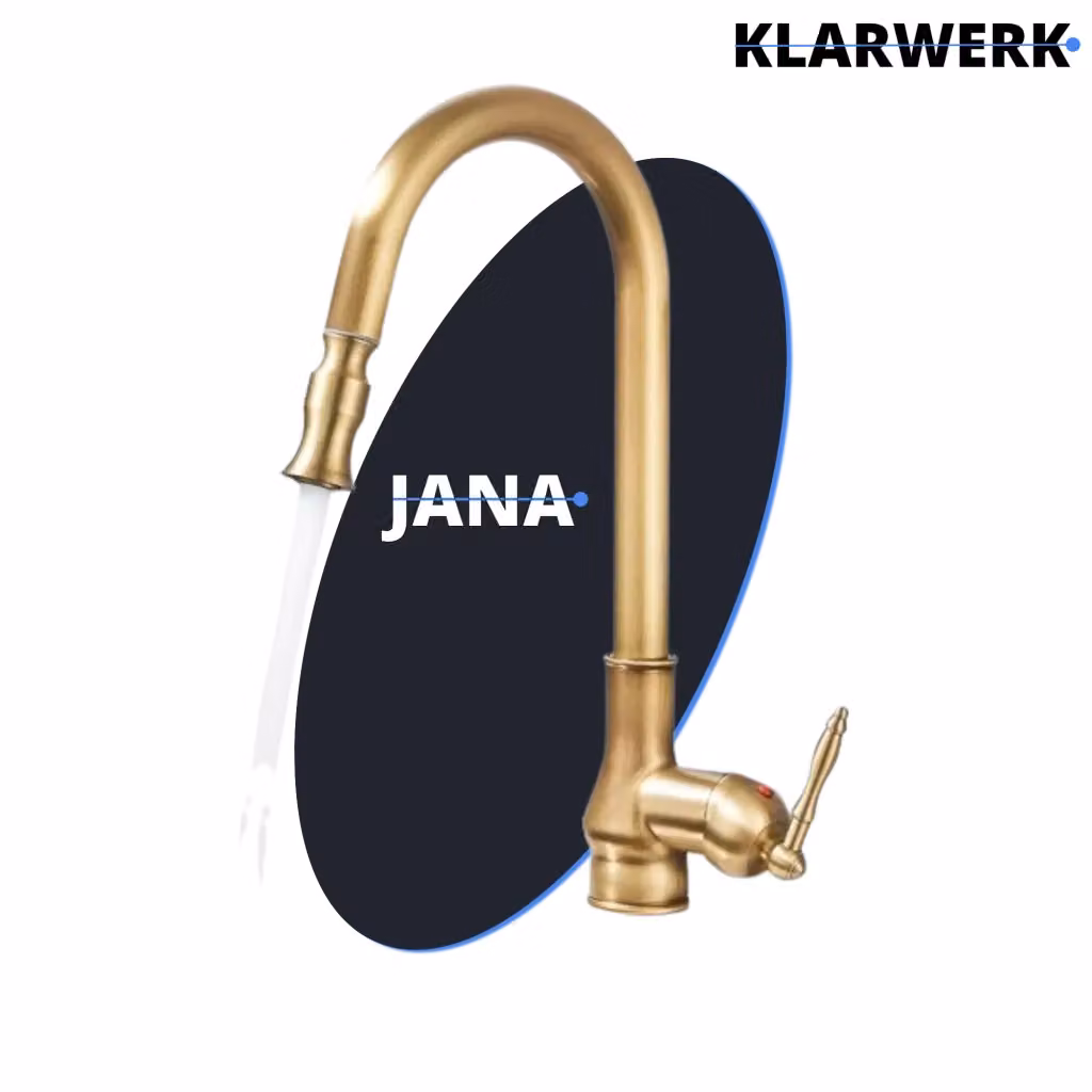 Rubinetto da cucina estraibile JANA in acciaio inossidabile e ottone antico, miscelatore ad arco alto con rotazione a 360 gradi, colore oro e argento – 2