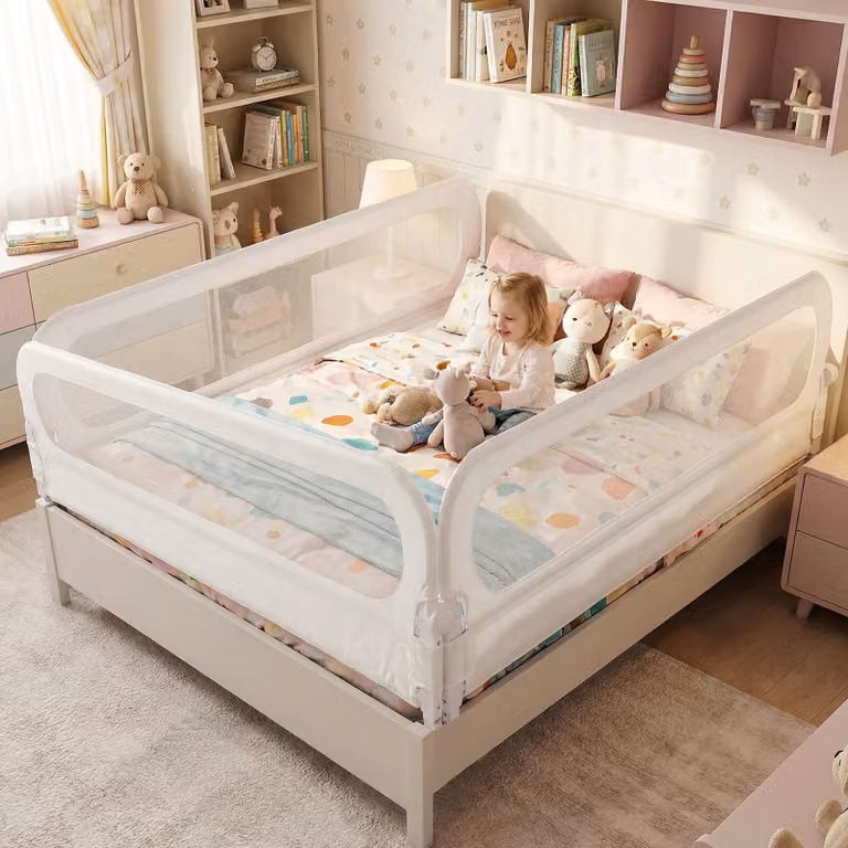 Set di 3 sbarre protettive regolabili Costway bianche, incluse 2 sbarre pieghevoli da 198 cm e 1 sbarra da 178 cm con accessori completi