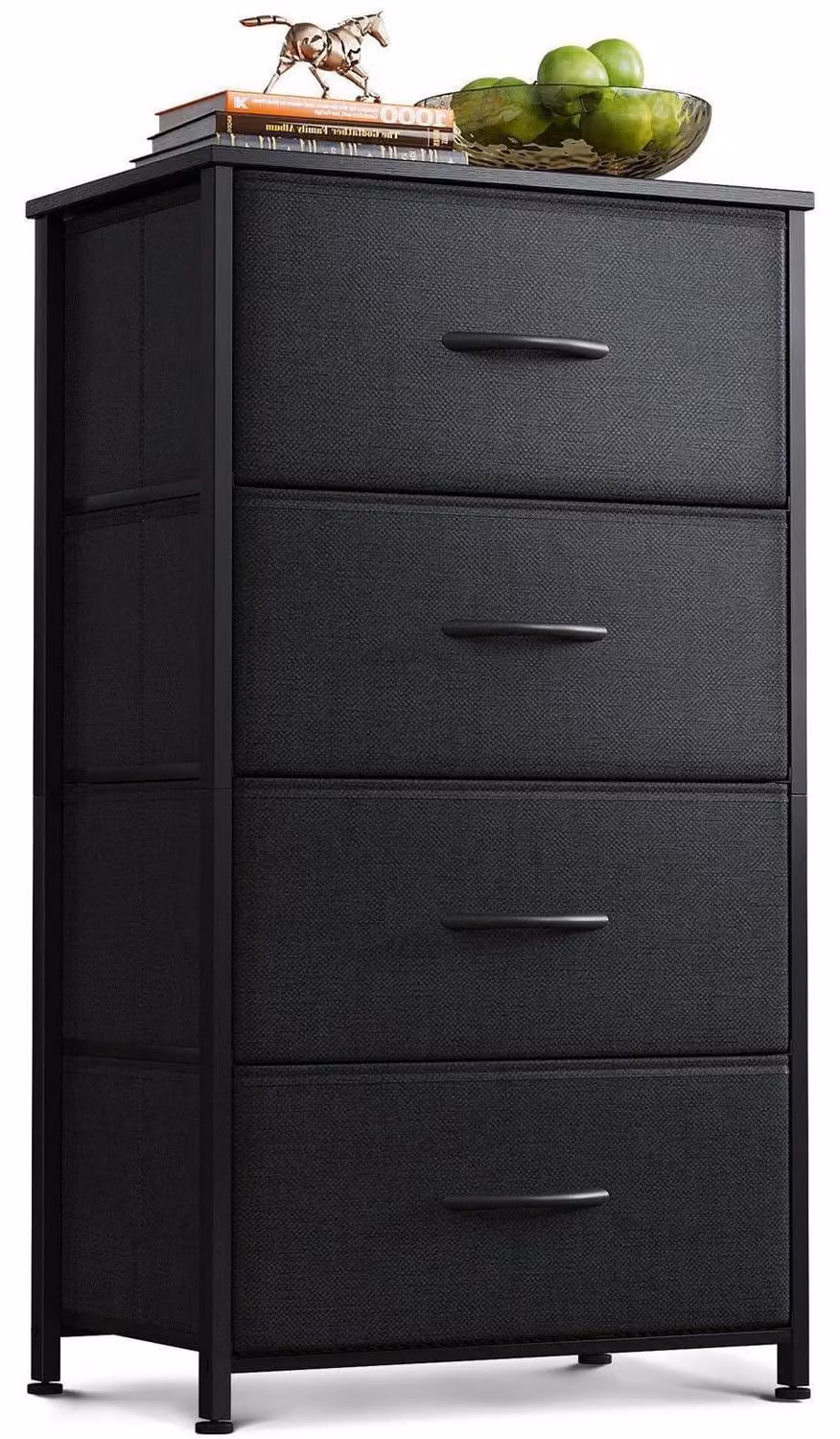 Comodino stretto con 4 cassetti rivestiti in tessuto, struttura in acciaio, piano in legno, colore nero, dimensioni 40x30x80 cm