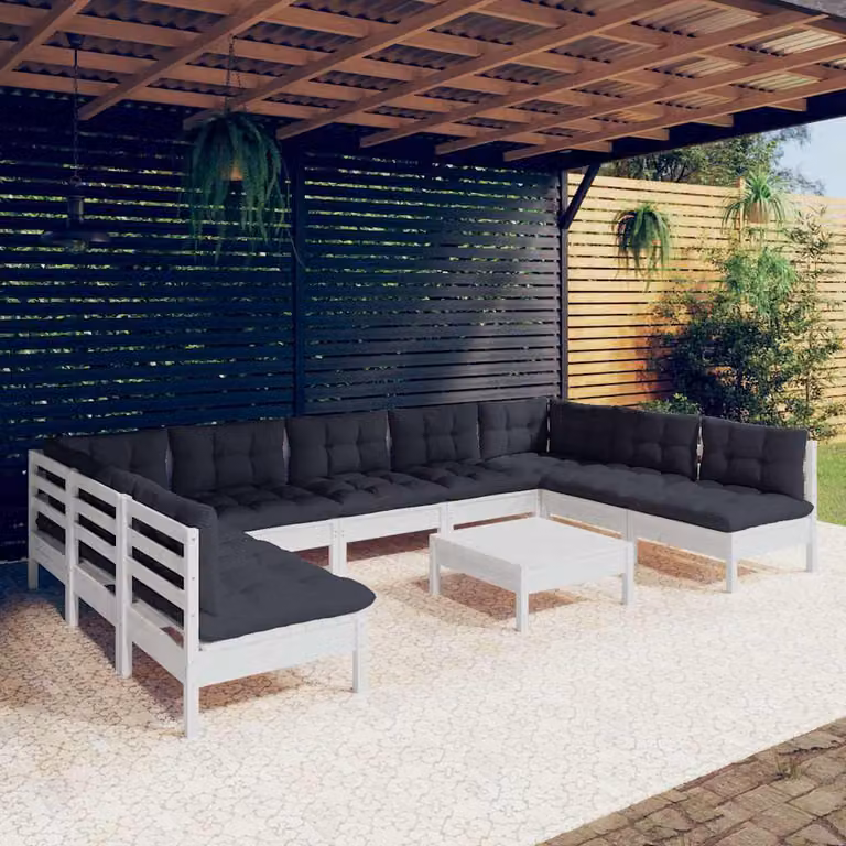 Set di divani da giardino vidaXL in legno di pino con cuscini bianchi e antracite, composizione a L con elementi angolari e pouf