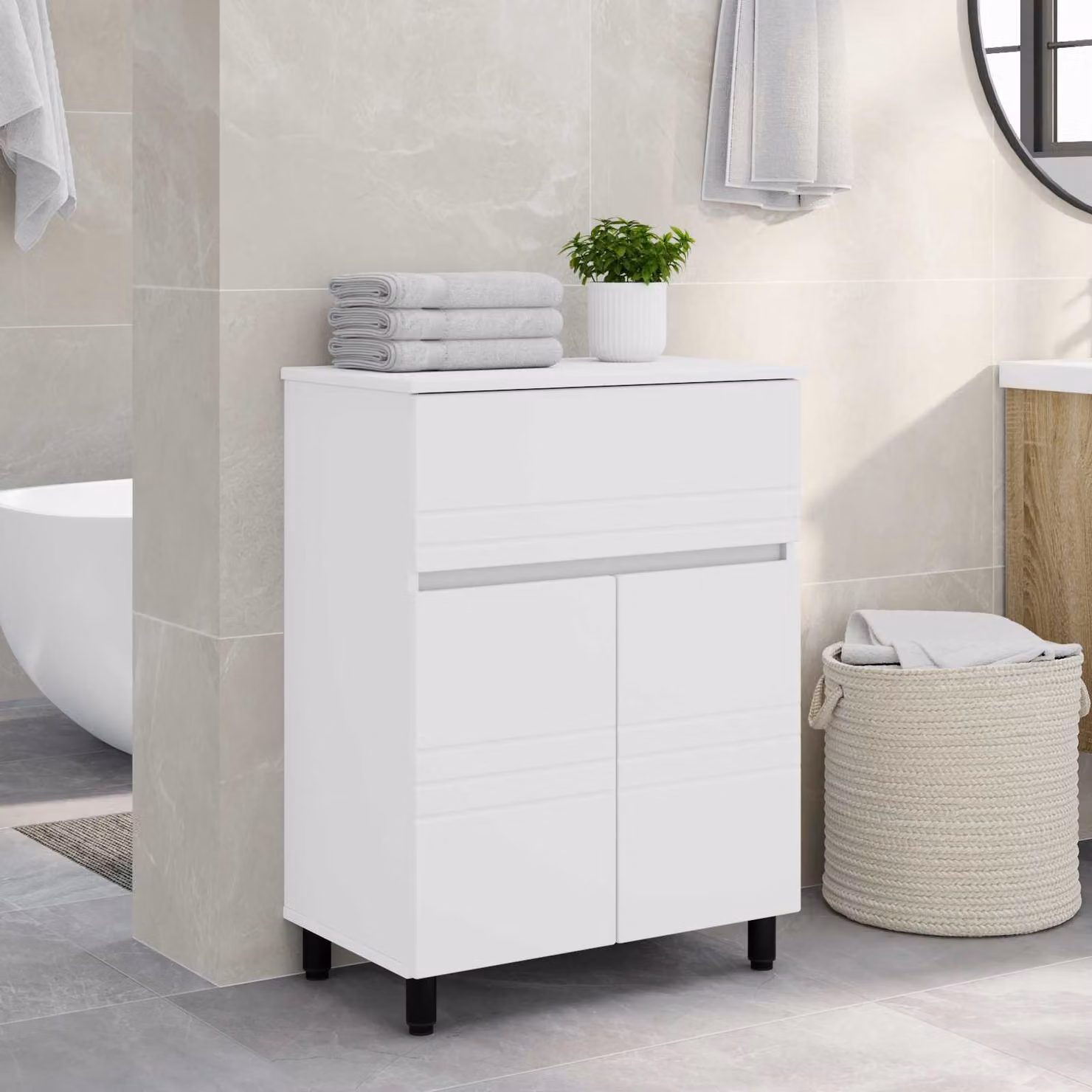 vidaXL Mobiletto da bagno bianco in MDF con ante a battente e ripiani interni L: 60 cm, P: 35 cm, H: 80 cm