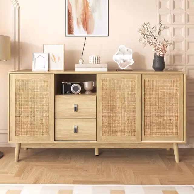 Credenza con Ante Scorrevoli in Rattan e Cassetti ¨C MINIMAL ¨C 155x38x80 cm