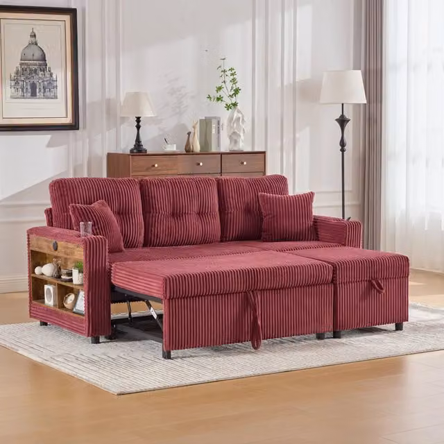 Divano angolare a L WISHDOR in tessuto corduroy rosso con contenitore, funzione letto, ricarica USB-C, illuminazione LED e portabicchieri, L/P/H: 196 x 85 x 82 cm