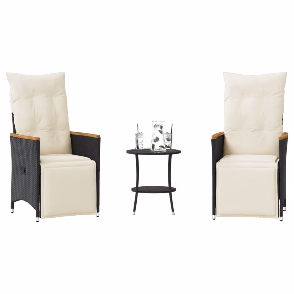 Set da Bistrò vidaXL 3 pz in Polyrattan Nero con Cuscini e Tavolo in Legno di Acacia