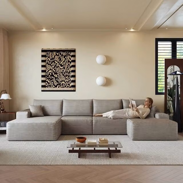 Divano angolare modulare con chaise longue ¨C Minimal ¨C 340cm colore cammello velluto, no montaggio