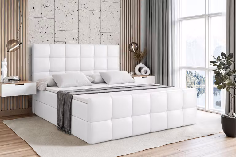 Letto boxspring ALTDECOR con materasso e rete a doghe - APO -Z - 140x200 cm - Pelle finta bianca - Letto boxspring, pediera, topper, letto imbottito con contenitore, letto con contenitore H3 - Materasso, letto matrimoniale, letto boxspring