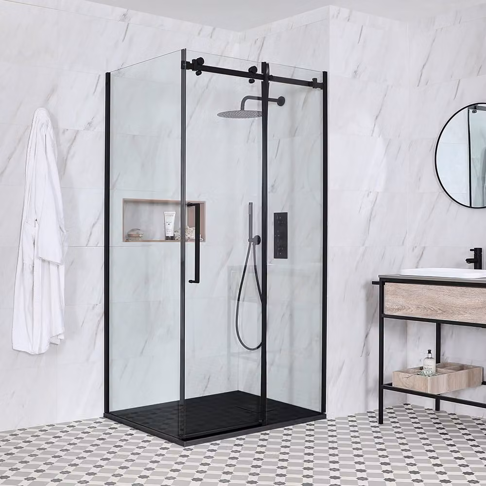 Box Doccia Angolare Nero con Porta Scorrevole Senza Telaio e Piatto Ardesia Bianco - 1200 x 800mm - Nox
