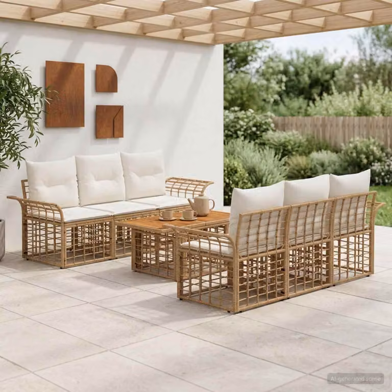 Set da giardino vidaXL in polyrattan 7 pezzi con divani e tavolino, colore naturale e bianco crema