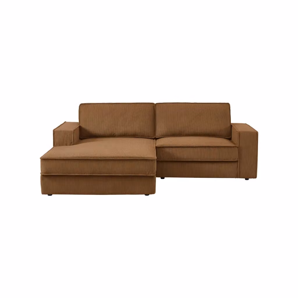 Divano angolare sinistro SWEEEK in velluto a coste marrone, 3 posti, con struttura in legno massello e cuscini decorativi inclusi, L/P/H: 231 x 156 x 83 cm – 2