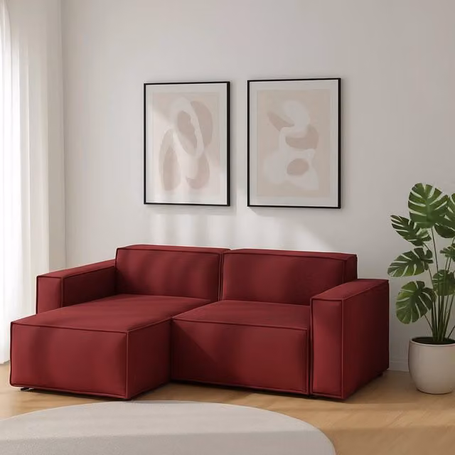 Divano componibile Alhoa con penisola sinistra, Sofà moderno 2 posti in tessuto rosso con funzione letto e coperture rimovibili, Made in Italy, L 220 cm x H 70 cm