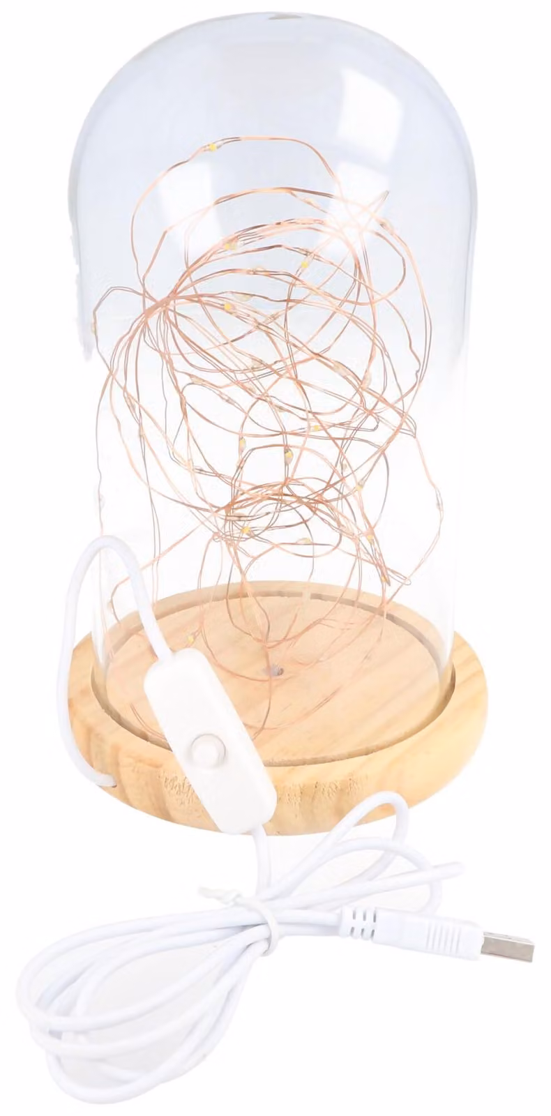 Campana di vetro con catena luminosa a LED, 5 metri, luce bianco caldo, base in legno, 19,5 cm