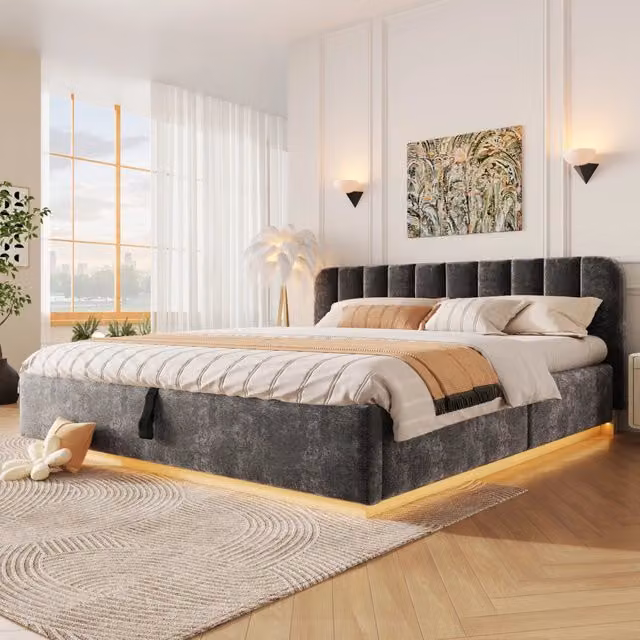 Letto contenitore imbottito in ciniglia 180 x 200 cm, con contenitore idraulico, LED, testiera trapuntata e rete a doghe, Anthracite