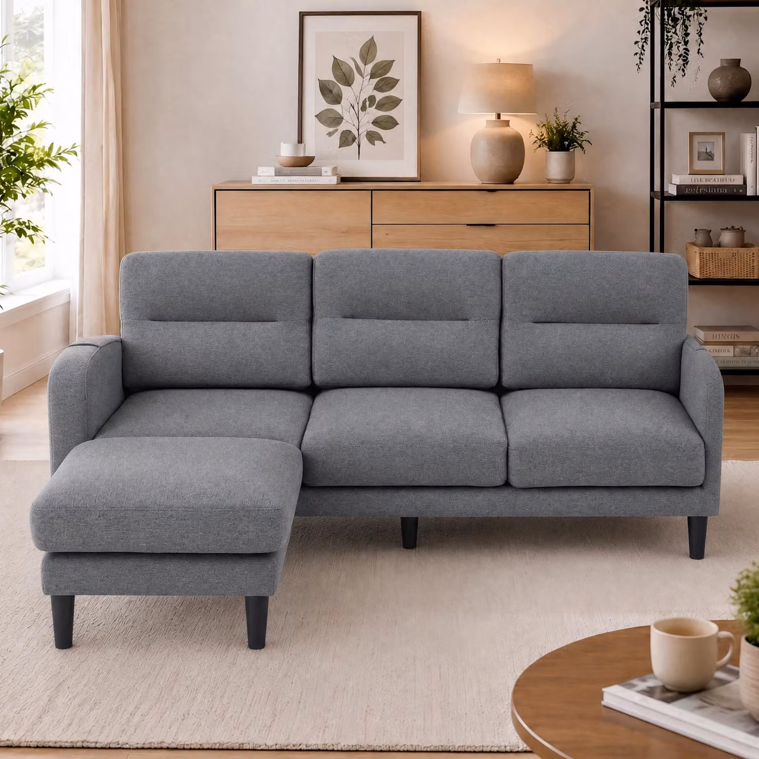 Divano ad angolo a forma di L, divano a 3 posti con chaise longue, piccolo divano ad angolo. Sul lato, è presente una tasca portaoggetti. Include 10 gambe per il divano
