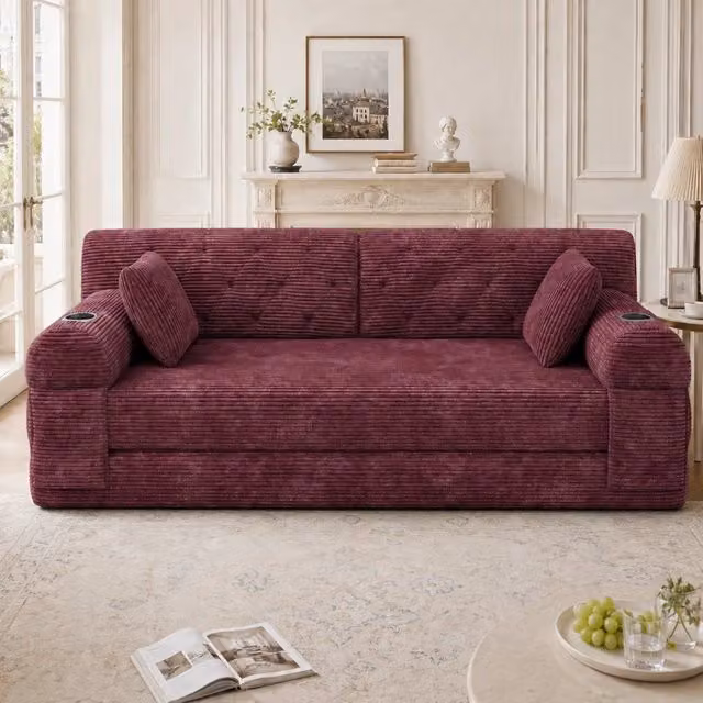 Divano letto Mivray in velluto a coste rosso con schienale alto, portabevande e tasche laterali L: 168 cm, P: 81 cm, H: 80 cm
