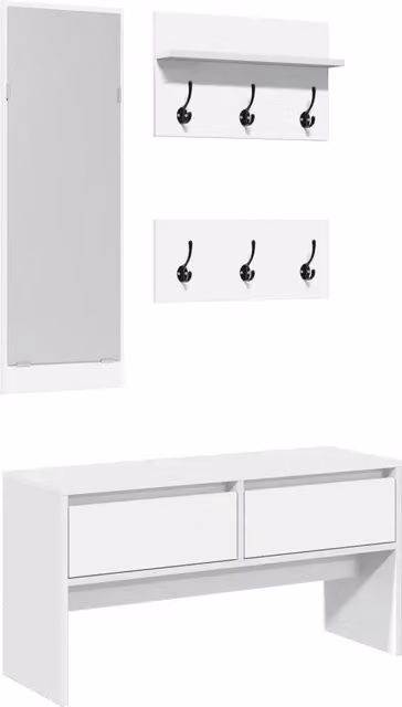 Set Mobili da Ingresso 4 Pezzi Design In Bianco in Legno Multistrato con Panca, Specchio e Pannello con Ganci