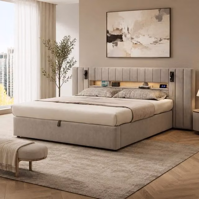 Letto matrimoniale 180x200 cm in velluto grigio con illuminazione LED, USB e spazio contenitore, senza materasso