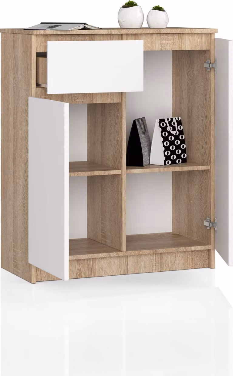 BDW, cassettiera 1 cassetto e 2 ante, 80x99x40 cm, credenza, rovere Sonoma - bianco
