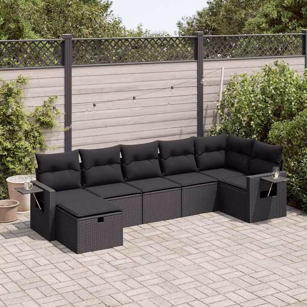 Set Divano da Giardino a L con Polyrattan e Cuscini vidaXL, 7 Pezzi, Nero