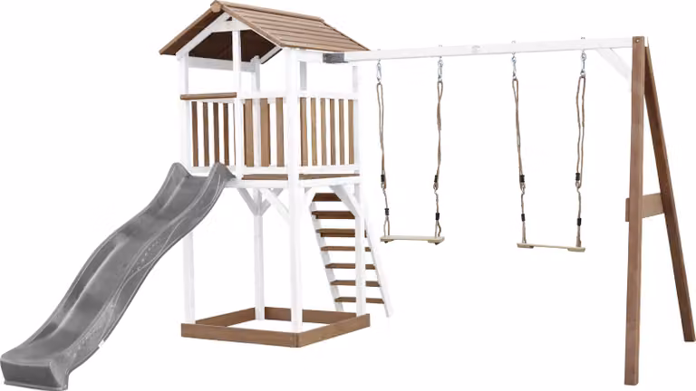 AXI Beach Tower parco giochi di legno in marrone e bianco | Torre di gioco per bambini con sabbiera, doppia altalena e scivolo grigio | Casa per bambini su palafitte per il giardino