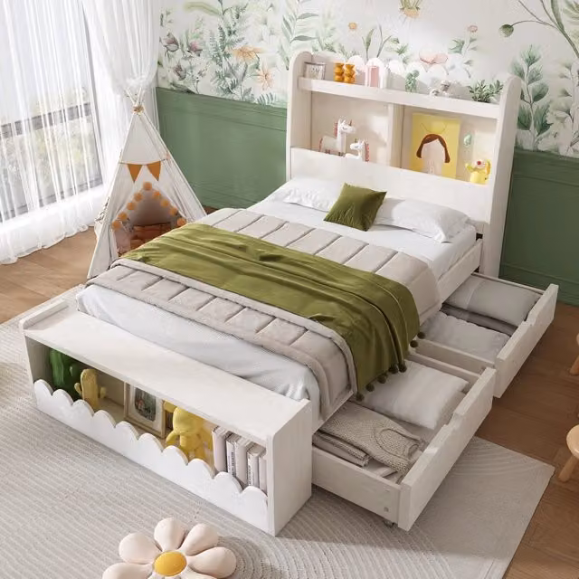 Letto singolo per bambini OKWISH in legno e MDF con scomparti laterali, colore bianco e rovere, L/P/H: 200 x 90 x 100 cm