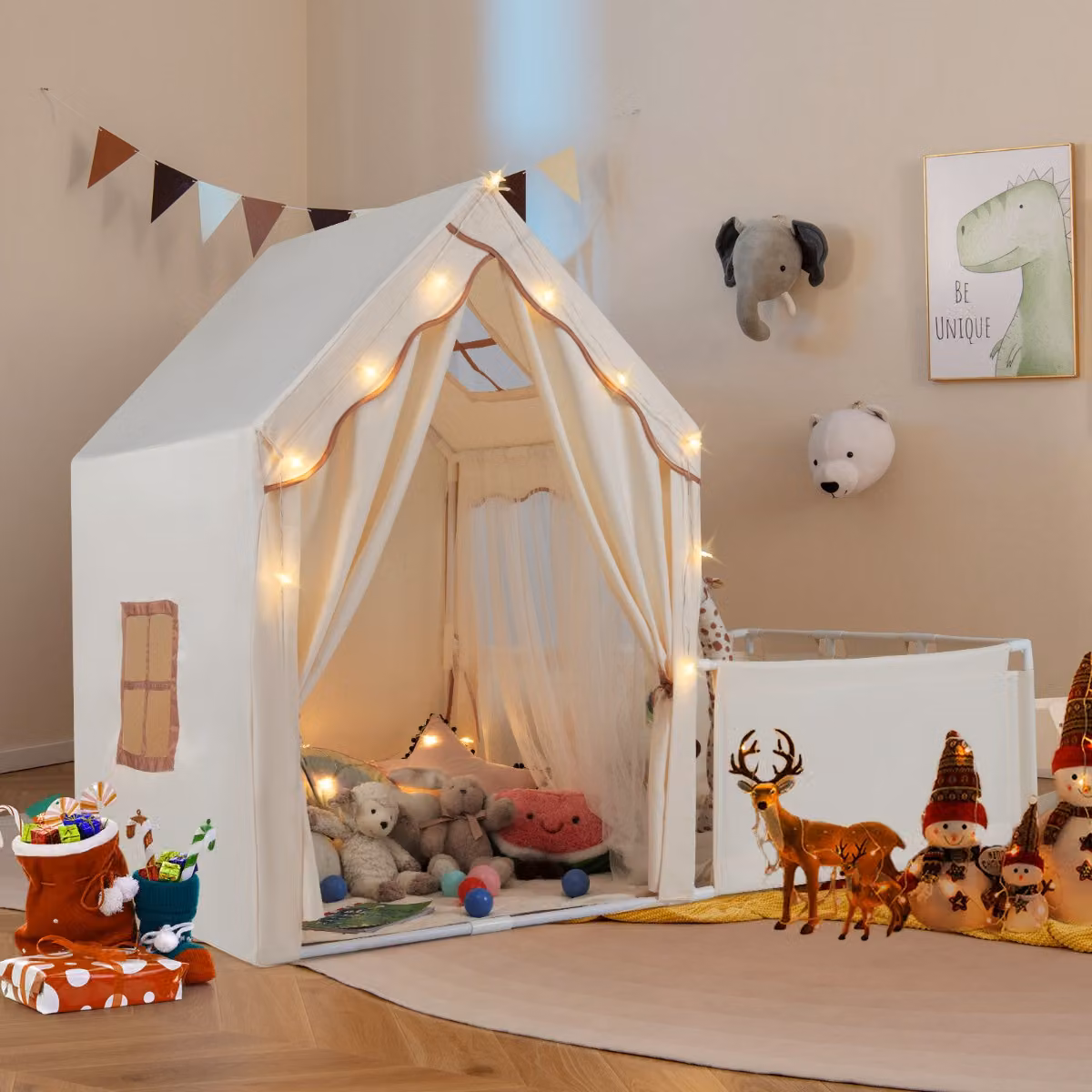 Tenda da gioco per bambini Costway 2 in 1 con recinto, giardino, luci a stelle e tappetino in cotone lavabile Beige