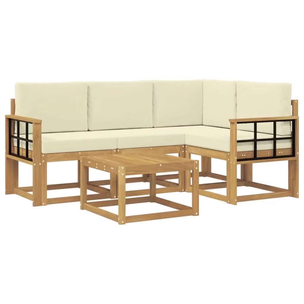 Set di divani da esterno a L vidaXL in legno di acacia con tavolino e cuscini, Bianco e Beige – 2