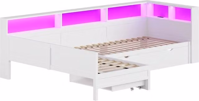 Letto a piattaforma ad angolo a L in legno 90x200 cm con letto estraibile e cassetto, bianco
