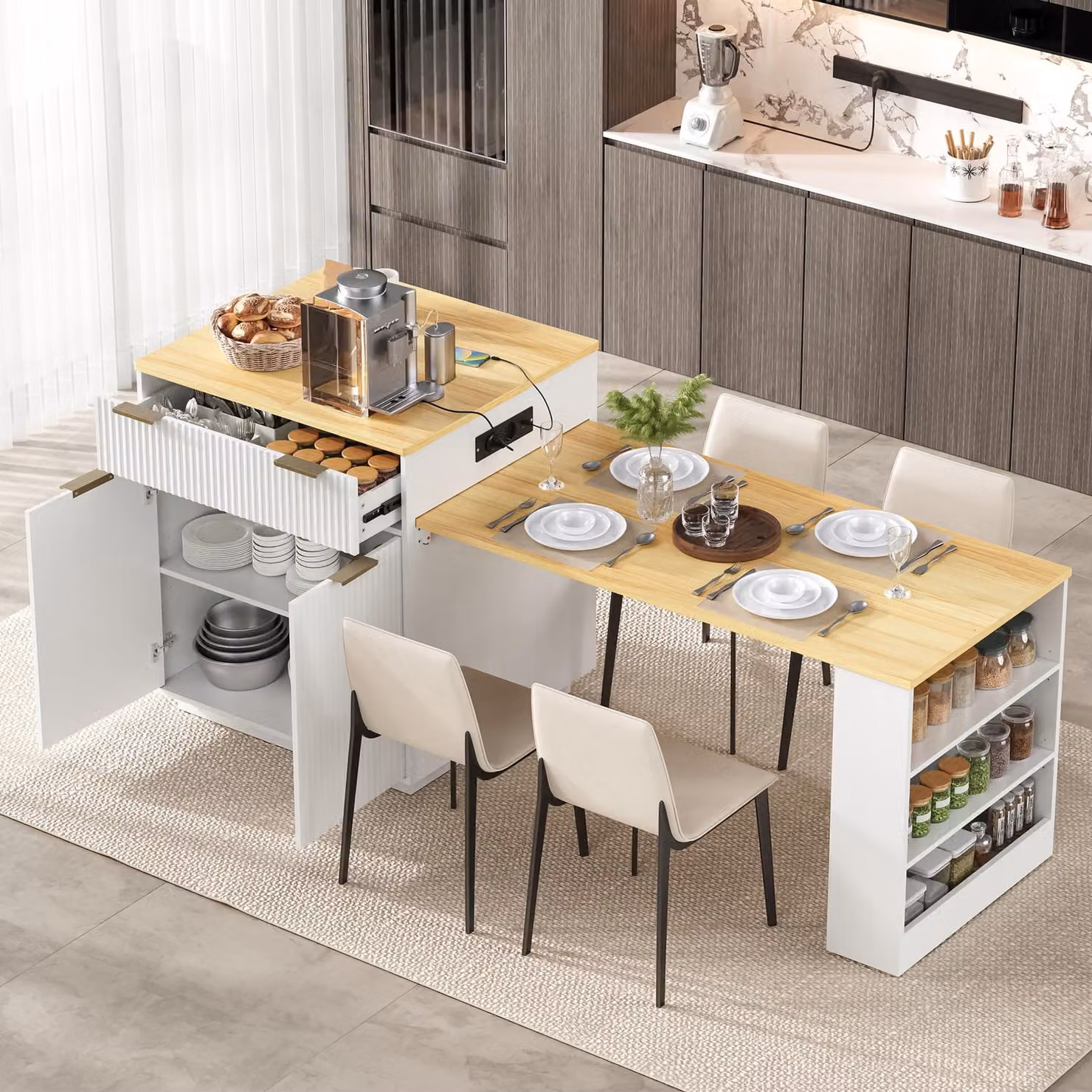 Isola da cucina con cassetti e piano estendibile, bancone con prese di corrente e illuminazione a LED, ampio spazio di stoccaggio, tavolo da cucina bianco