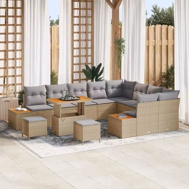 Set Divano da Giardino vidaXL a forma a U con 11 posti, colore Beige, con cuscini e tavolino da esterno, struttura in acciaio verniciato a polvere – 1