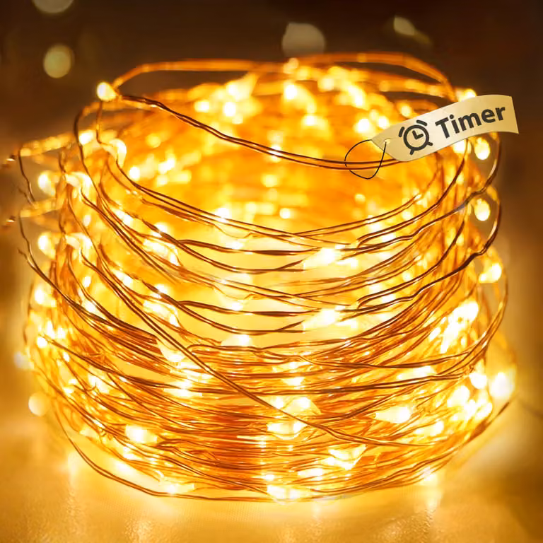 Catena luminosa a LED, 5 metri, alimentata a batteria, 50 LED, con timer, impermeabile