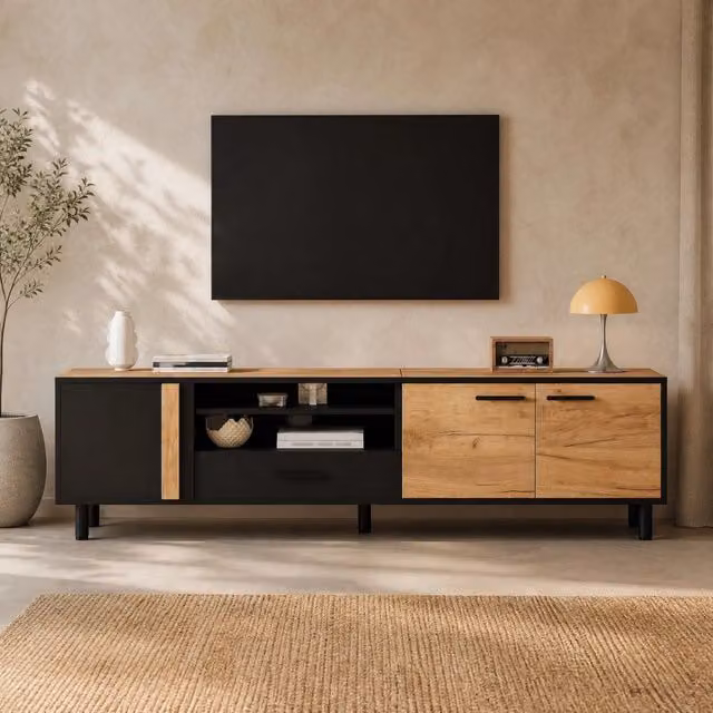 Mobile TV REDOM in stile scandinavo nero ed effetto legno con 3 ante e 1 cassetto, L: 180 cm, P: 32,5 cm, H: 50 cm