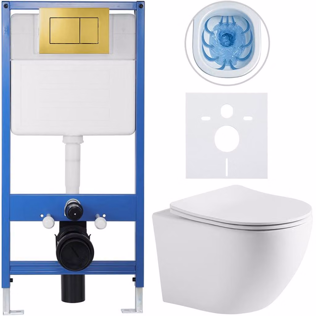 Set completo per WC sospeso Lite/Cesso - bianco opaco - pulsante per WC Classic, dorato - installazione a parete/con pannello di cartongesso - 49x36 cm