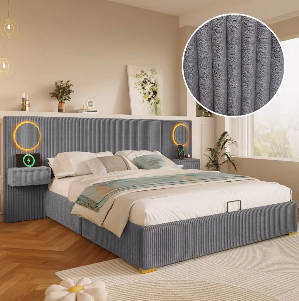 Letto imbottito moderno in velluto grigio con illuminazione LED, porta USB e vano contenitore con base a sollevamento, L/P: 180 x 200 cm – 2