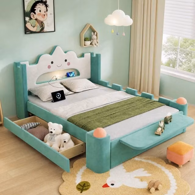 Letto moderno REDOM in tessuto blu con cassetti, luce LED, porta USB e mensola integrata L/P/H: 140 x 200 cm