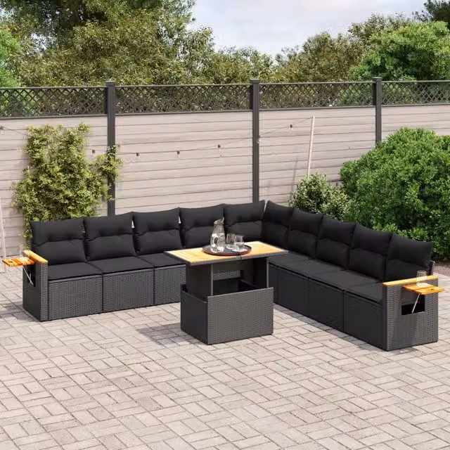 Set di Divani da Giardino Moderno VIDAXL in Polyrattan Nero con Cuscini, 11 Pezzi – 1