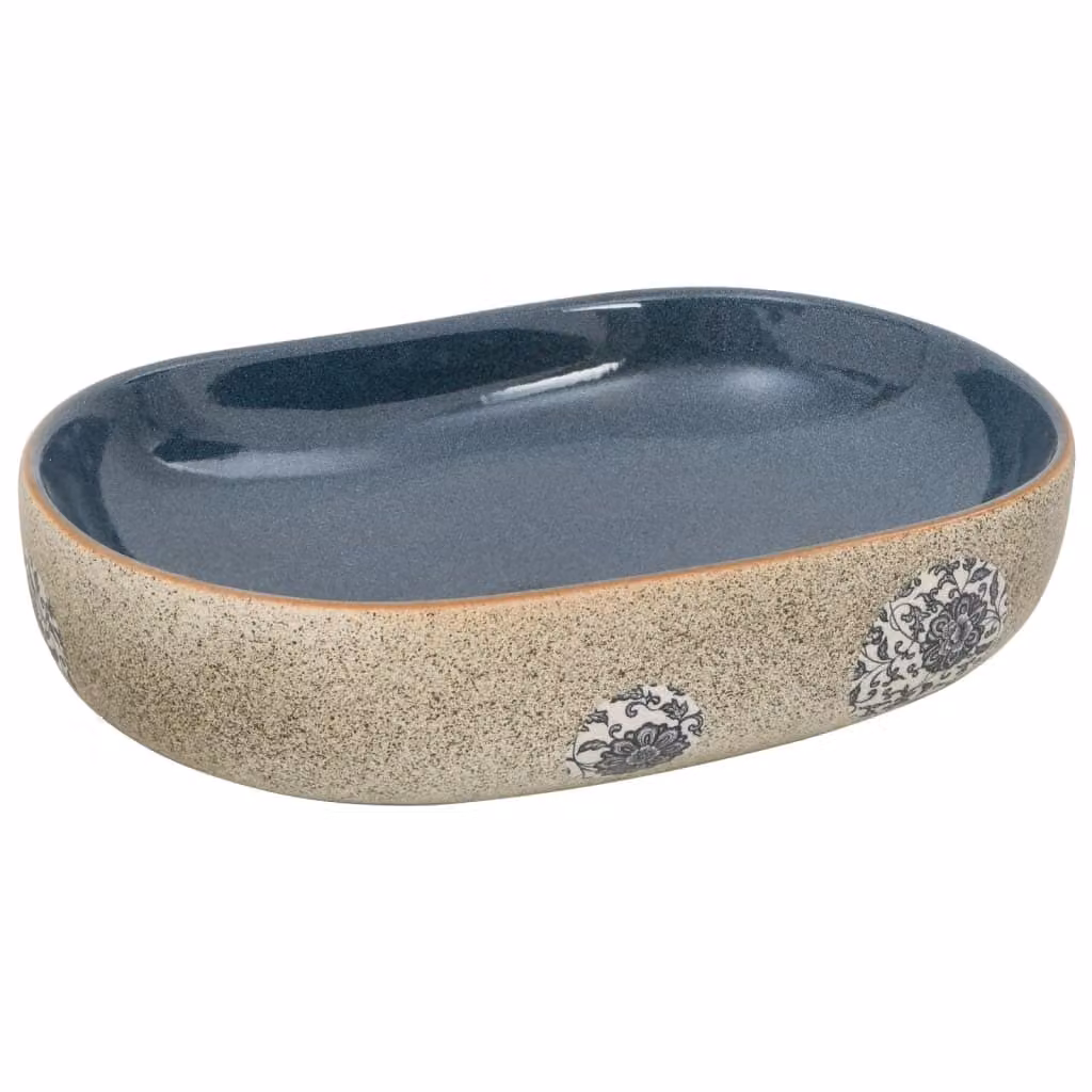 Lavabo da Appoggio Sabbia e Blu Ovale 59x40x14 cm Vetroceramica