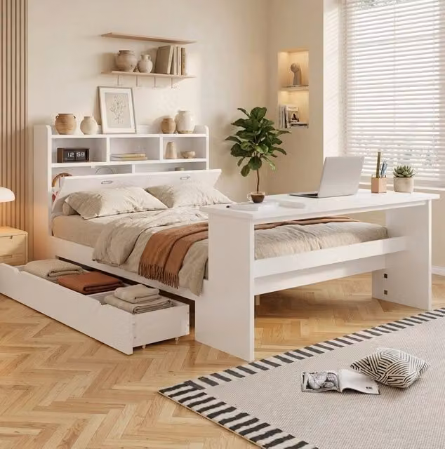 Letto singolo per bambini e ragazzi 140x200 cm con spazio contenitivo, tavolino pieghevole e struttura in legno bianco