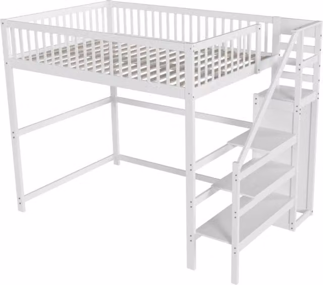 Letto a Castello per Bambini 140x200 cm in Legno Bianco con Scala, Armadio e Mensola Portaoggetti