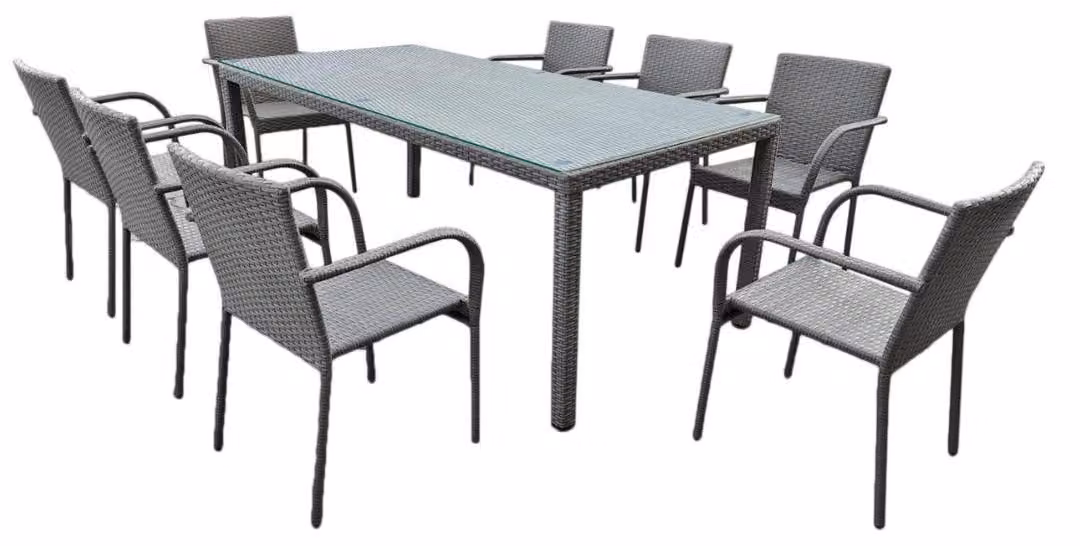 Set di mobili da giardino - 9 pezzi - Grigio - Tavolo da pranzo - 8 sedie - Polyrattan - Resistente alle intemperie