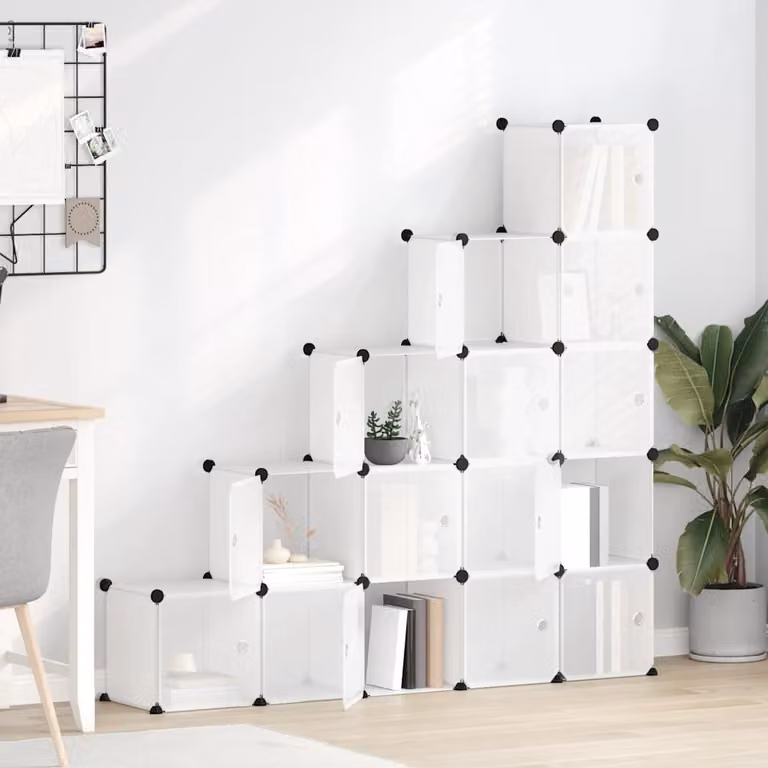 vidaXL Contenitore Cubo Portaoggetti con 15 Cubi e Ante Trasparenti, Bianco e Trasparente, L/P/H: 153,5 x 32,0 x 155,0 cm