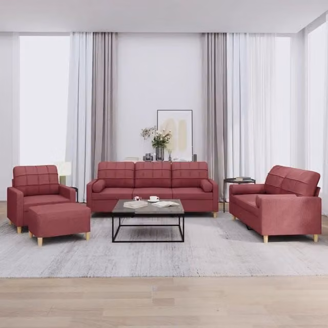 Set di divani moderno vidaXL in tessuto rosso composto da divano a 3 posti, divano a 2 posti e pouf con cuscini inclusi
