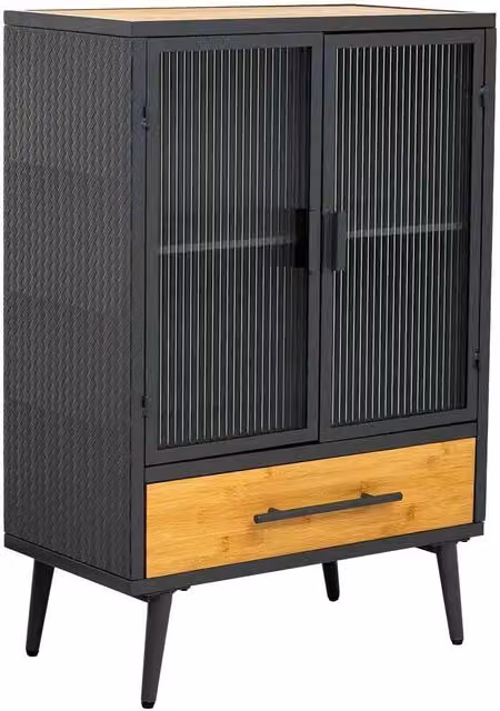 Vetrina in metallo, legno e vetro, 1 cassetto, nero, 61x32x90,5h cm