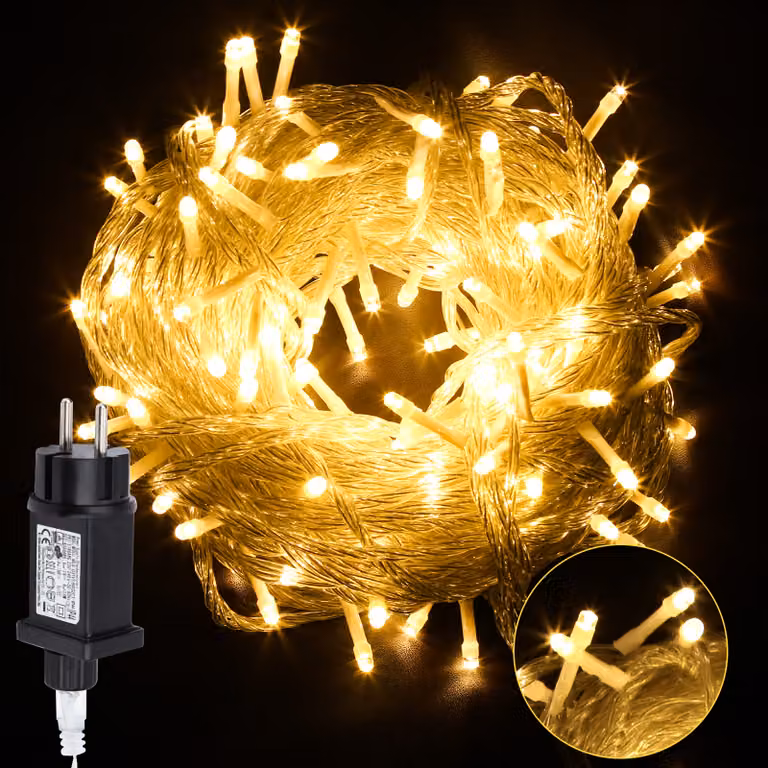 Catena luminosa LED Ikodm, 20 metri, 200 LED, con 8 modalità, ideale per interni, Natale, feste, giardino. Effetto scintillante a forma di stelle. Cavo trasparente, luce bianco caldo