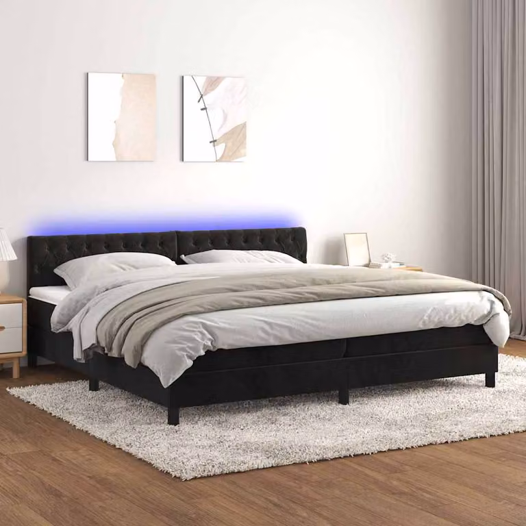 Letto a Molle con Materasso Ibrido vidaXL in Velluto Nero con Illuminazione LED e Porte USB L/P: 200 x 200 cm