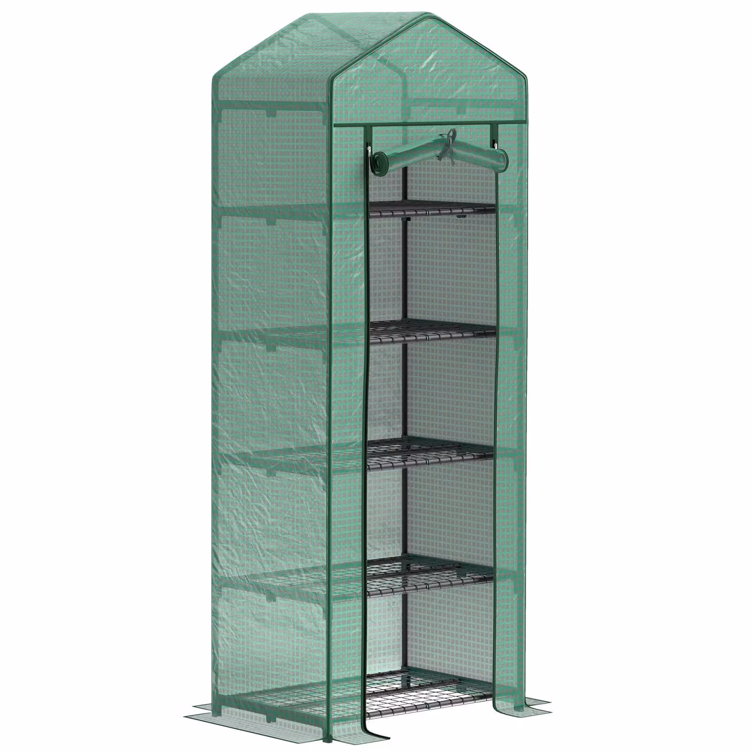 Serra in plastica Zimilo con porta a rullo, 5 ripiani, struttura in acciaio, 69x49x193 cm, serra per pomodori, ortaggi, fiori e giardinaggio sul balcone, per l'inverno, verde